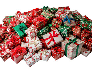 Wall Mural - Pile of variously wrapped Christmas gifts with red and green ribbons on a white background.  PNG transparent.