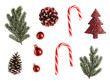 © Asier - Flat lay of various red and green Christmas decorations including candy canes and pine cones on a white background.  PNG transparent.