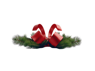 Two red Christmas bells with green pine decoration and red ribbon on a white background.  PNG transparent.