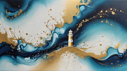 light house in the sea landscape with the moon, liquid glossy effect, golden metallic and mix color pattern wallpaper, mix of bright colors and gold reflective particles randomly distributed