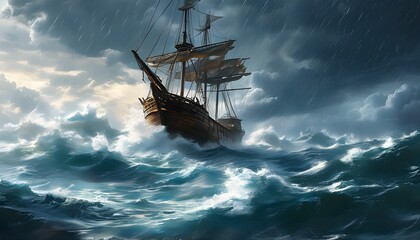 Wooden ship braves turbulent seas and stormy skies, battling fierce waves and relentless rain in a dramatic maritime struggle