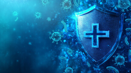 A blue background with a shield, cross, and flying bacteria.  This image represents protection against germs and bacteria, like a strong immune system.