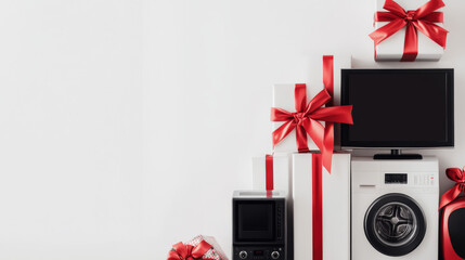 A bunch of home appliances like a fridge, microwave, TV, washing machine, and stove are all tied together with a red ribbon and bow. They're standing against a white background.