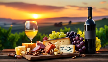 Gourmet cheese, savory meats, fresh fruits, and exquisite wine amidst a stunning vineyard sunset for an enchanting evening feast