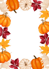 Autumn-themed vector illustration of a frame with pumpkins, leaves, and decorative elements. Ideal for banners, invitations, or seasonal designs.