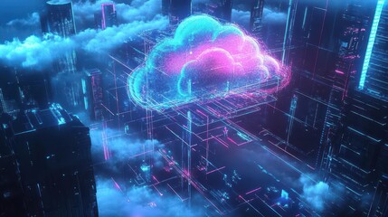 Poster - Glowing cloud structure integrated into a smart city, engineers interacting via holographic interfaces, neon blue and pink