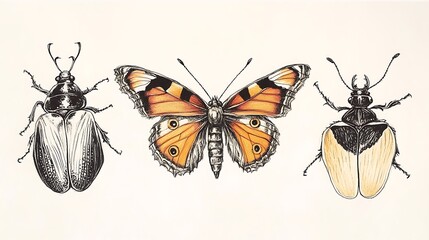 Intricately Illustrated Insects: Hand-drawn Butterflies and Beetles in Naturalistic Sketch Style