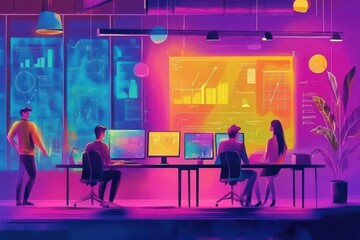 Fototapete - Digital startup office with entrepreneurs working on AR interfaces, holograms of growth charts, vibrant colors, Pop art, Illustration, bold lines