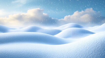 Snowdrifts in a serene, snowy landscape, light snowfall on a bright blue sky, cartoon wallpaper with open space for design.