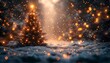 © Animager - Fantastic winter landscape with christmas tree. 3D rendering. Christmas background with christmas tree, snow and stars. Beautiful christmas night.