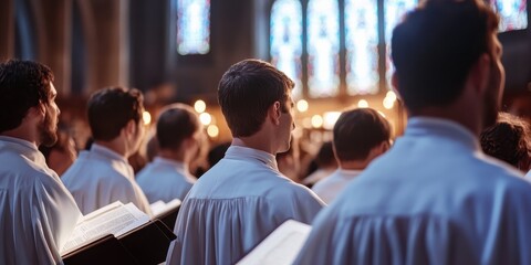 choir in white robes singing hymns 