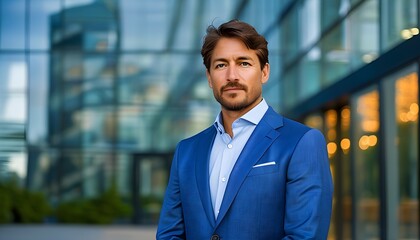 Confident professional in a crisp blue suit standing before a sleek modern glass building, embodying sophistication and poise