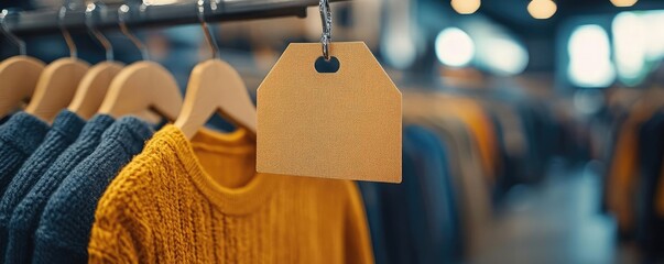 A mockup of a product tag with custom branding, attached to a garment hanging on a retail rack