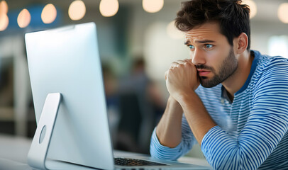 an office worker in a blue and white striped shirt, looking worried while holding their chin with one hand as they work on the computer at their desk