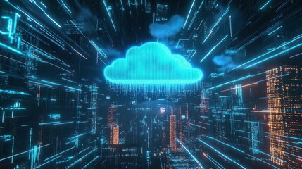 Aufkleber - AIpowered cloud system displayed as a floating hologram, data flowing through neon lines, dark cyberpunk aesthetic