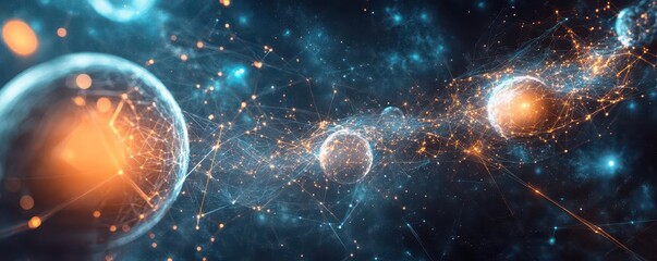 Fototapete - A virtual universe of interconnected software systems, with glowing planets representing different technologies being integrated into one