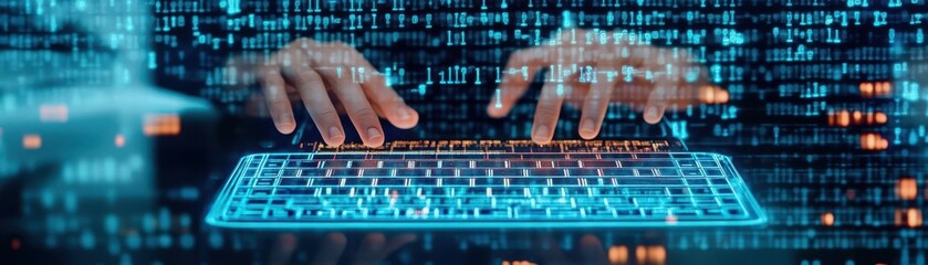 Aufkleber - A software developer surrounded by digital code, typing on a futuristic holographic keyboard as binary code flows around them like water