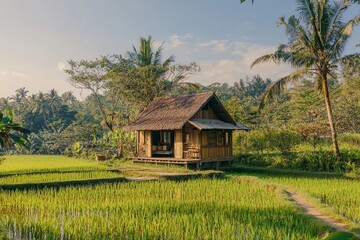 Wall Mural - A small wooden cottage in the middle of a beautiful rice field in Southeast Asia