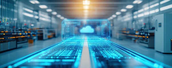 Poster - A futuristic factory where machines work in sync with a cloud system, seamlessly integrating production lines and data analytics