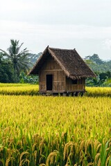 Wall Mural - A small wooden cottage in the middle of a beautiful rice field in Southeast Asia