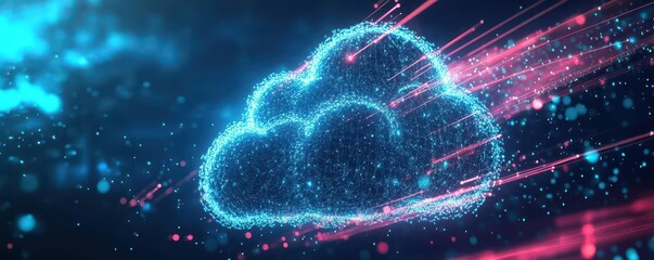 Aufkleber - A cloud of data particles forming a holographic globe, representing global data flow, illuminated by neon lights and digital lines, futuristic concept