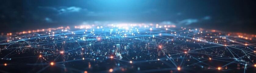 Leinwandbilder - A 3D model of interconnected global networks, each node a city glowing with data integration, lines connecting the globe in a techfuturistic environment