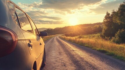 Sticker - Car on a Country Road at Sunset