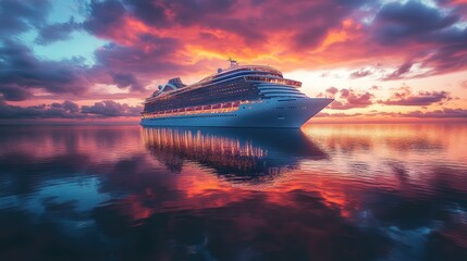 Poster - Cruise ship sailing on calm water during sunset reflecting on water