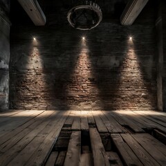 Wall Mural - Old interior room with brick wall and three light spots