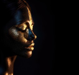 Wall Mural - Beauty white skin woman face with golden make up portrait close up