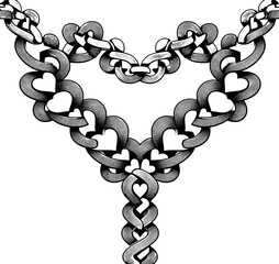 Symmetrical heart shaped pattern. interlocking chains. monochrome linework. romantic love tattoo braided. intertwining elements Illustration. 