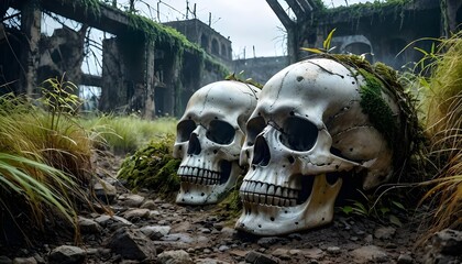  skulls surrounded by abandoned building ,  forest greenery, blending elements of nature and the macabre.