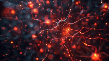 Fototapete - 3D rendering of neural network with glowing connections and digital particles