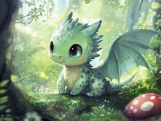 Wall Mural - Close-up of a baby dragon in the forest