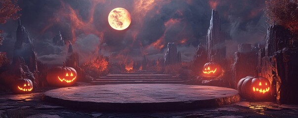 Wall Mural - Halloween podium illuminating spooky landscape with jack-o'-lanterns