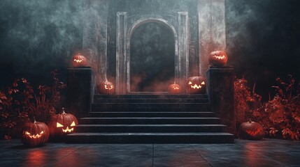 Halloween pumpkins illuminating ancient gothic stone ruins at night