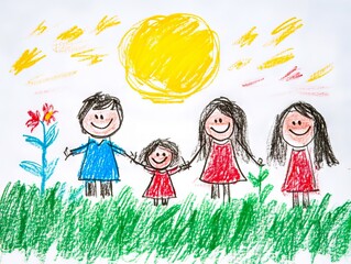 Wall Mural - A child's drawing of a family holding hands in a field