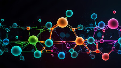 abstract background of interconnected molecules in vibrant, neon colors, with particles floating in a dark space