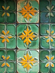 A close up of a green and yellow tile wall