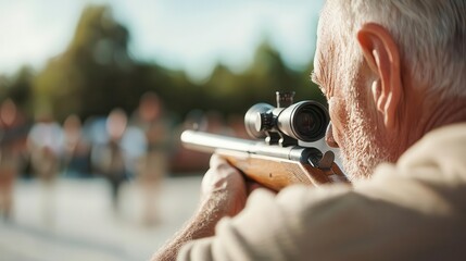 Older man practicing target shooting at a range, precise and steady, senior target shooting, precision sports