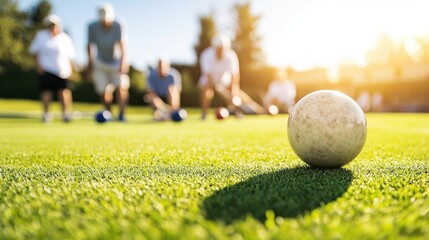 Senior group playing lawn bowling on a sunny afternoon, social and competitive, senior lawn bowling, outdoor games