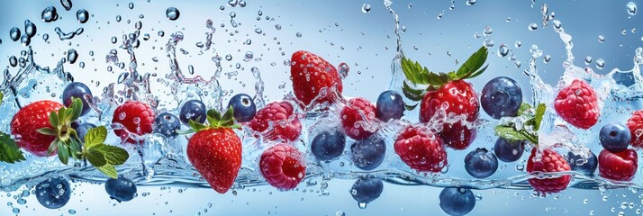 Fresh blueberry and strawberry with water splash in air