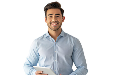 A happy male salesman looking at the camera to welcome a customer. Young executive smiling at camera, businessman offering professional business services holding digital tablet on white background.