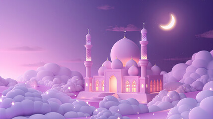 Islamic Ramadan greeting background with cute 3D mosque and Islamic crescent with purple color