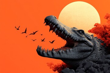 A ferocious dinosaur opens its mouth wide in a roar, set against a vibrant orange sky with birds flying and a bright sun in the background, evoking a prehistoric feel.