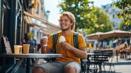 A blonde man enjoying a scoop of creamy ice cream at a trendy outdoor café.