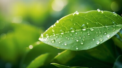 Aufkleber - Close-up of green leaf with dew drops in garden during summer, bright sunlight, natural background