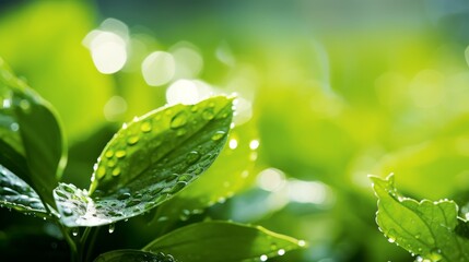 Wall Mural - Close-up of green leaf with dew drops in garden during summer, bright sunlight, natural background