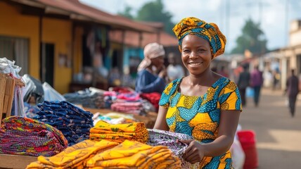 African women shopping for colorful fabrics and accessories at a vibrant market stall.