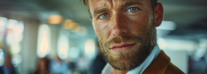 Close-up portrait of a confident man with blue eyes and a beard, exuding charm and intensity in a modern urban setting.